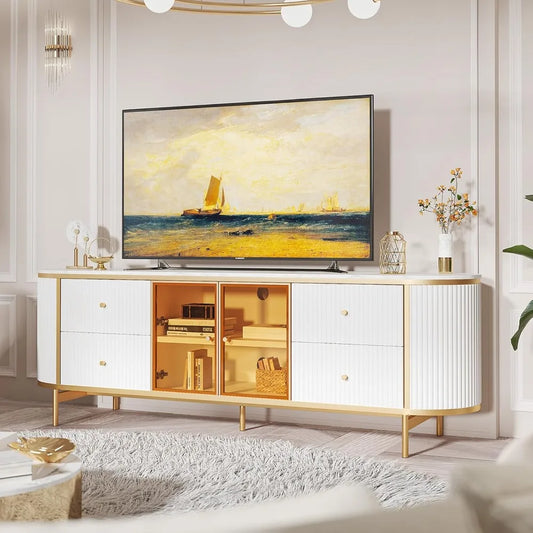Luxury 70 Inch Fluted TV Stand for TVs Up to 75 Inches Modern Entertainment Center with Faux Marble Top Media Console with Curved Glass Doors