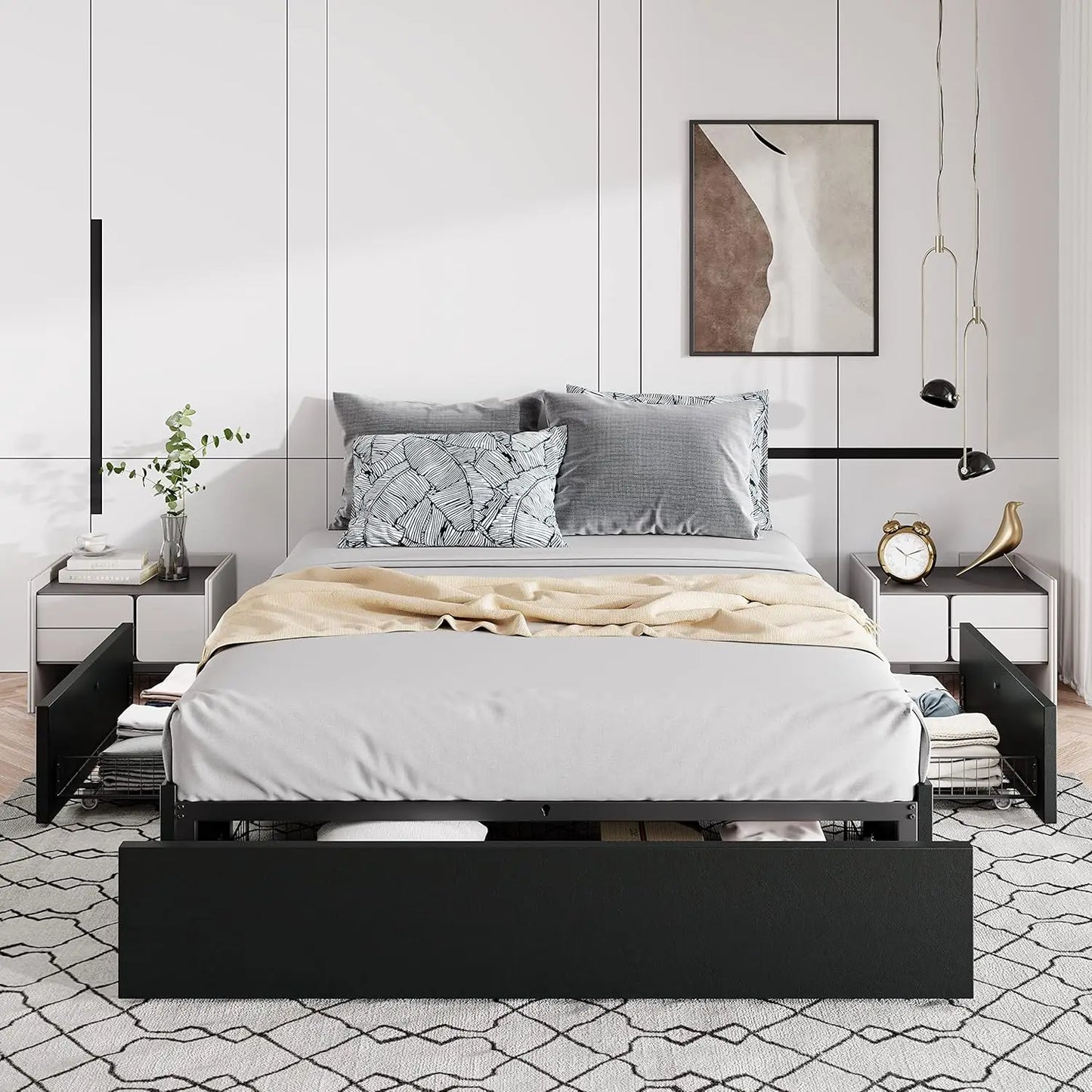 Full Size Platform Bed Frame with 3 Storage Drawers, Faux Leather Upholstered, Wooden Slats Support