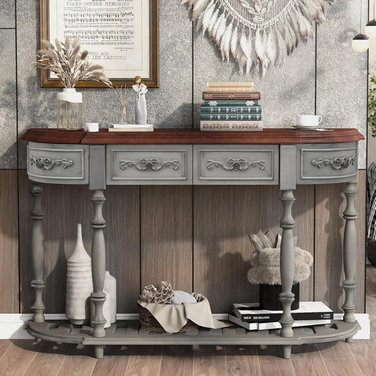 Retro Wood Curved Console Table 52 Inch Half Moon Hall Sofa Table with Drawers and Shelf for Living Room Home Furniture