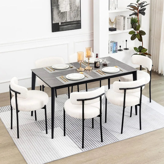 Dining Chairs Set of 6, Modern Dining Room Chairs with Curved Backrest, with Black Metal Legs, Upholstered Kitchen Chairs