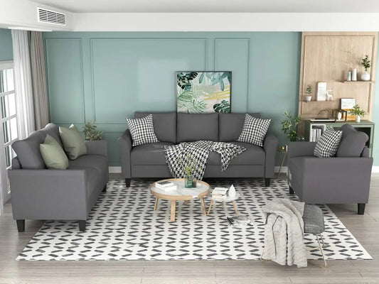 3 Piece Sectional Sofa Set Living Room Furniture Grey 3 Seat Couch Loveseat Chair