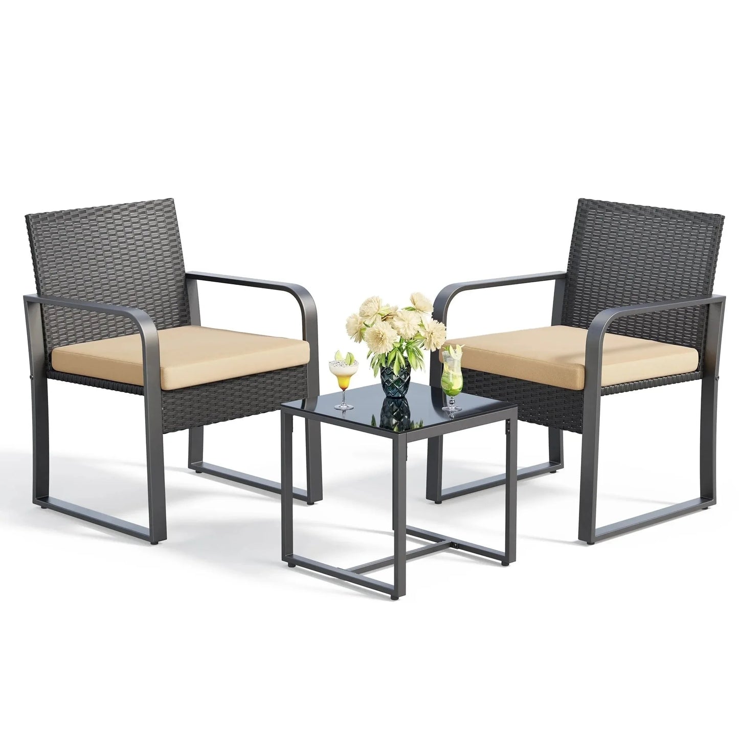 3 Piece Patio Chair Set with Glass Coffee Table Outdoor Rattan Furniture for Garden Porch Bistro Yard Gray Cushion