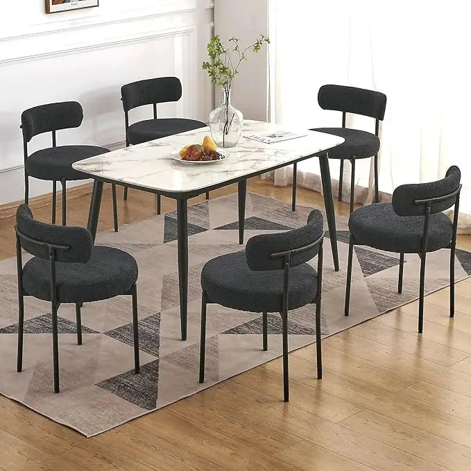 Dining Chairs Set of 6, with 3.94“ Cushions Mid-Century, Round for Kitchen, with Black Metal Legs, Modern Dining Room Chairs