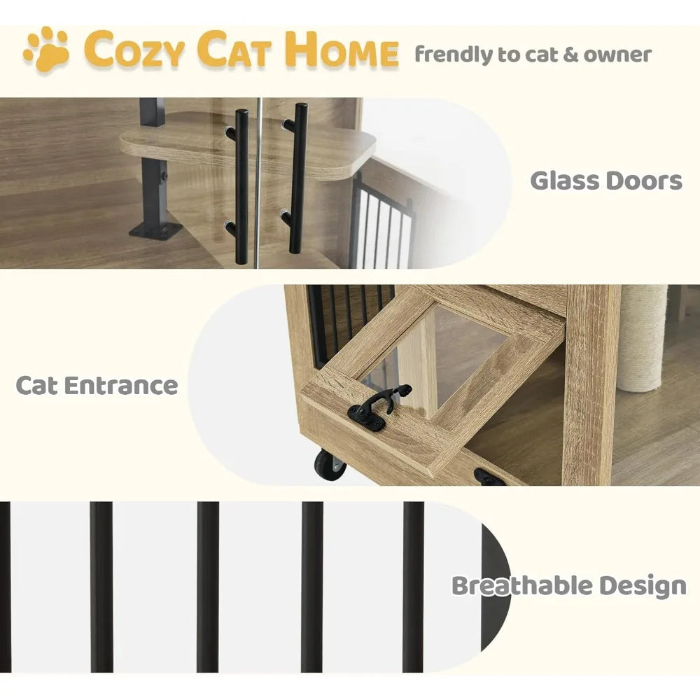 Wooden Cat House with Scratching Posts Luxury Large Cat Condo with Lockable Wheels Indoor Kitten Cage with Escape Door