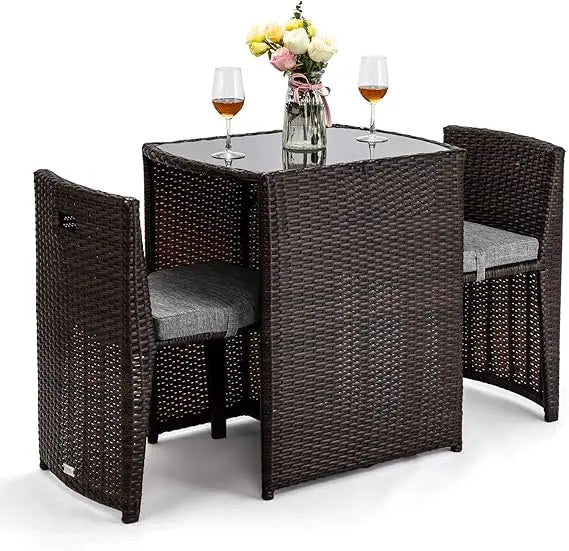 3 Piece Wicker Outdoor Patio Bistro Set with Glass Top Table and Dining Chairs for Small Spaces