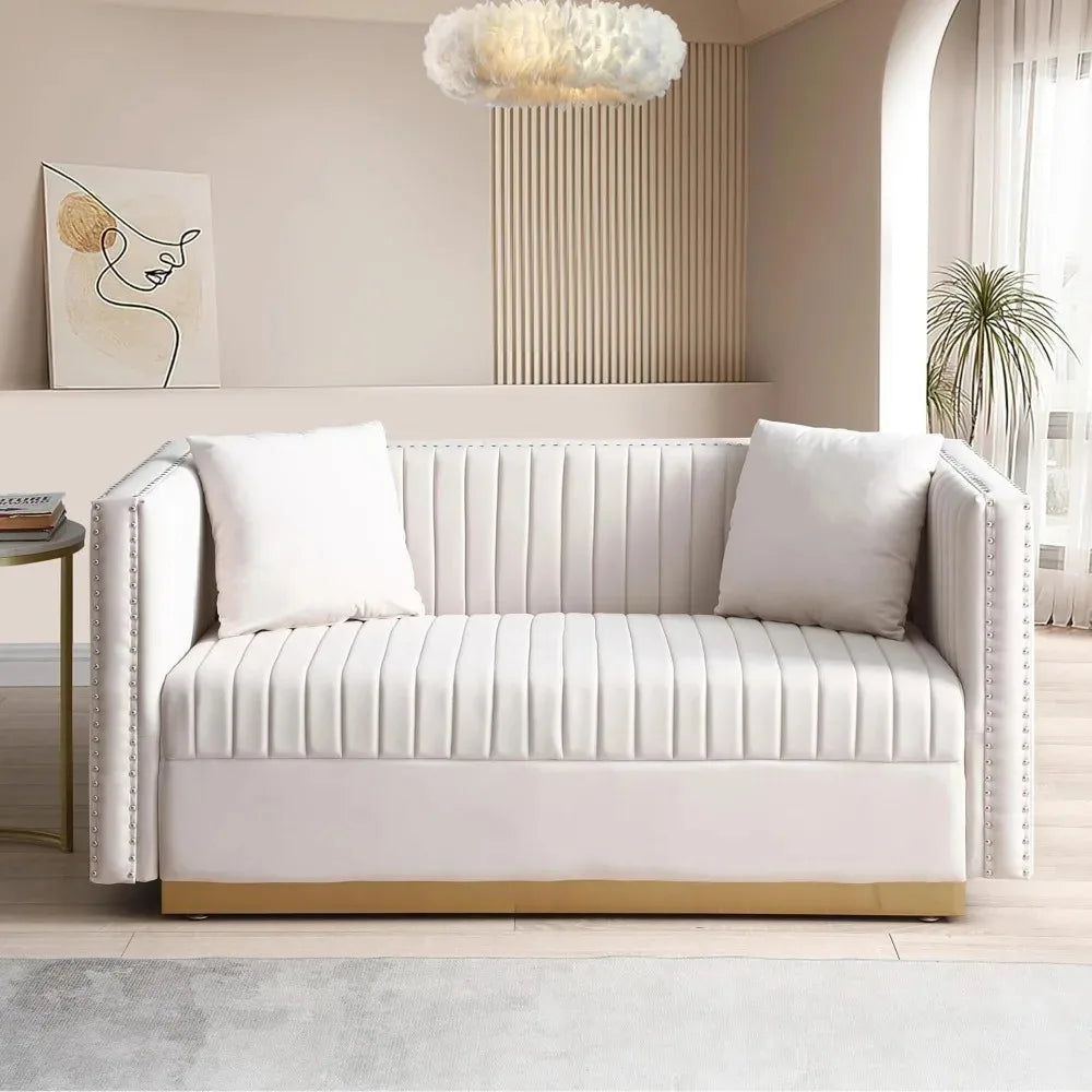 Luxury Velvet Sofa Set for Living Room with Nailhead Gold Metal Legs and Four Pillows