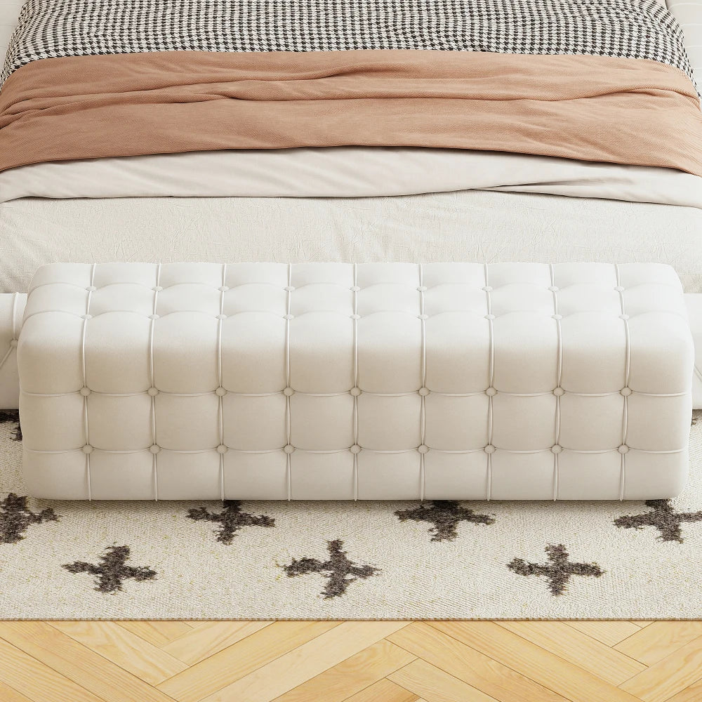 All Covered Velvet Upholstered Ottoman Rectangular Footstool Bedroom Footstool No Assembly Required Elegant Luxurious White
