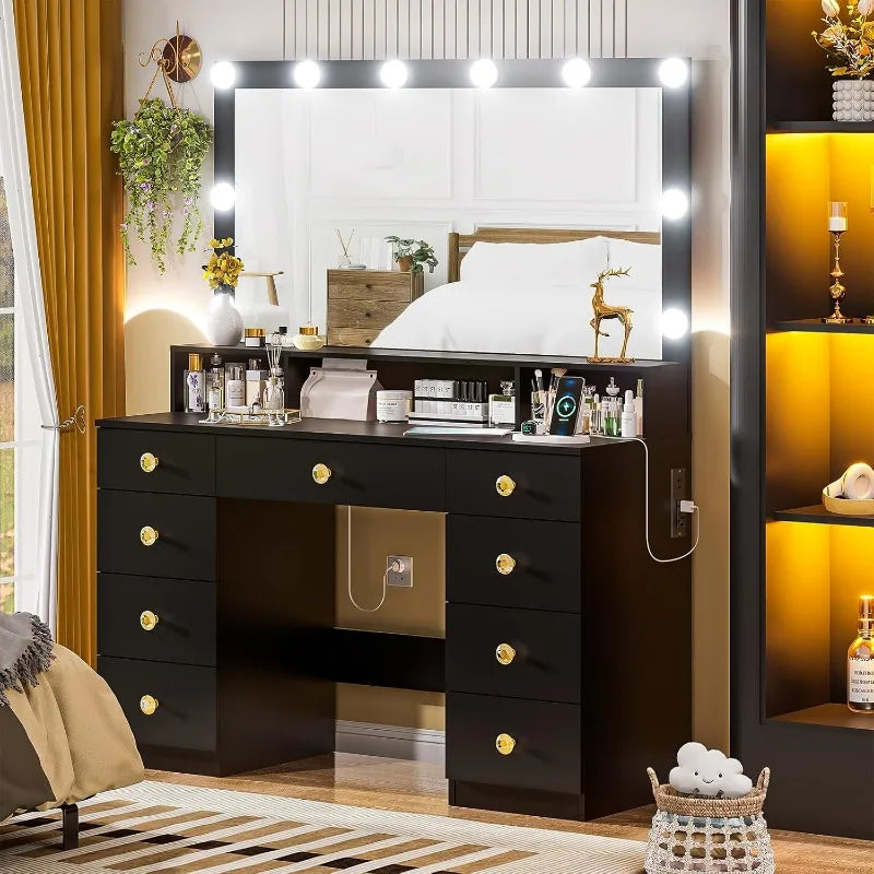 Vanity Desk with Large Lighted Mirror 10 LED Lights 43.3 Inch Makeup Vanity with 9 Drawers Power Outlet Dressing Table