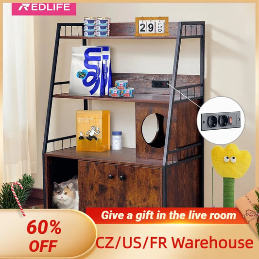 Redlife Cat Litter Box Enclosure w/ 3 Shelves and Doors, 3 in 1 Large Cat House Cabinet Wood Cat Washroom Furniture with Scratch