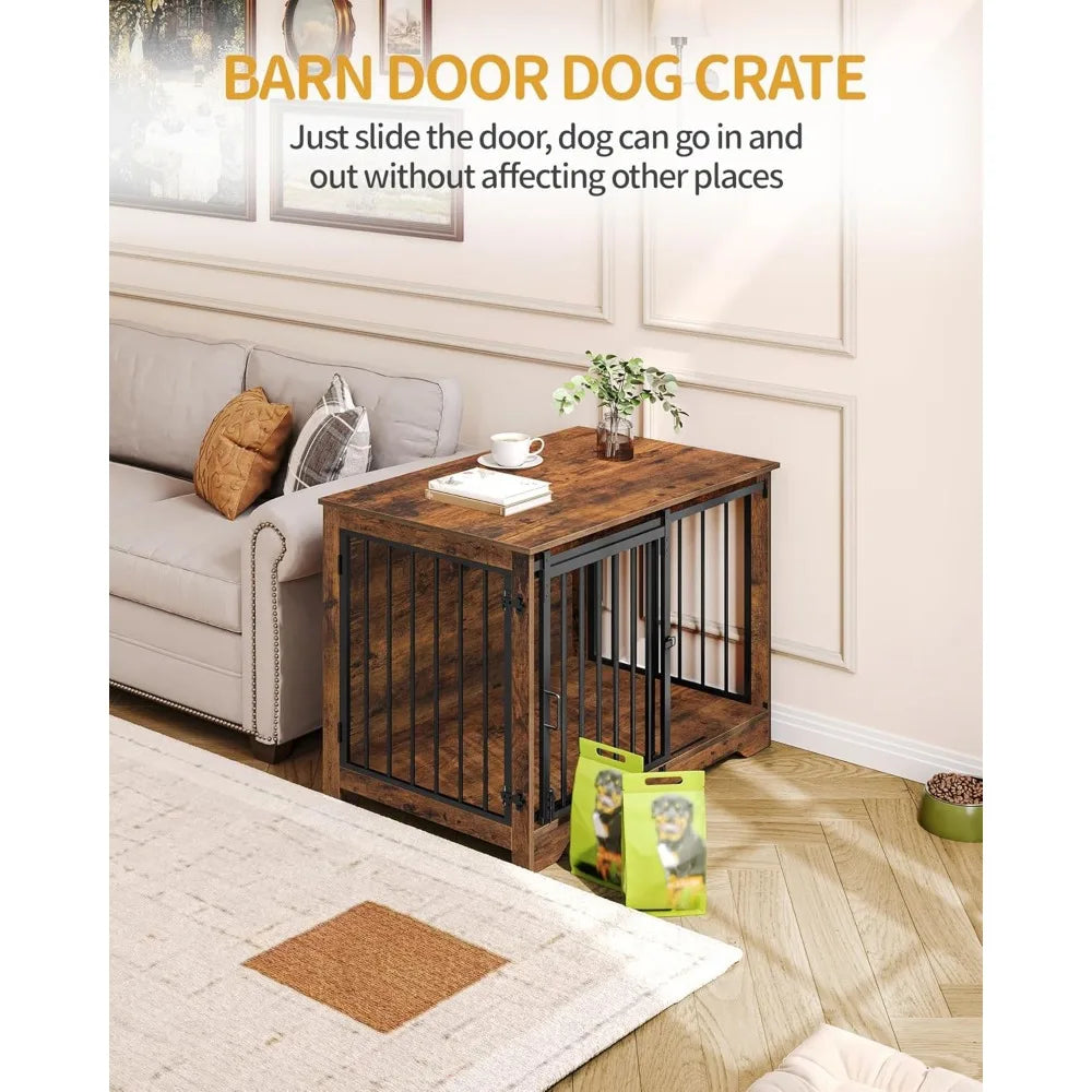 39.3 Inch Heavy Duty Dog Crate Furniture with Barn Door Wood Indoor Dog Crate Kennel for Small Medium Large Dogs End Side Table