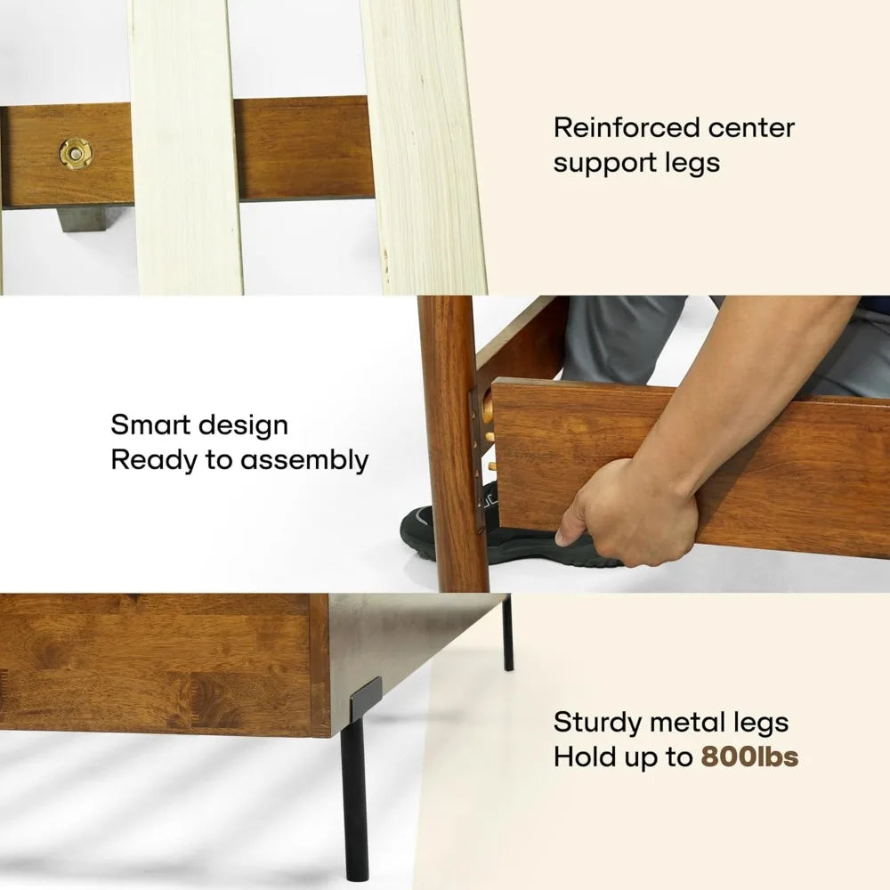 Acacia Frida King Size Bed Frame and Headboard Solid Wood Platform Bed Scandinavian Design 800 Pounds Capacity