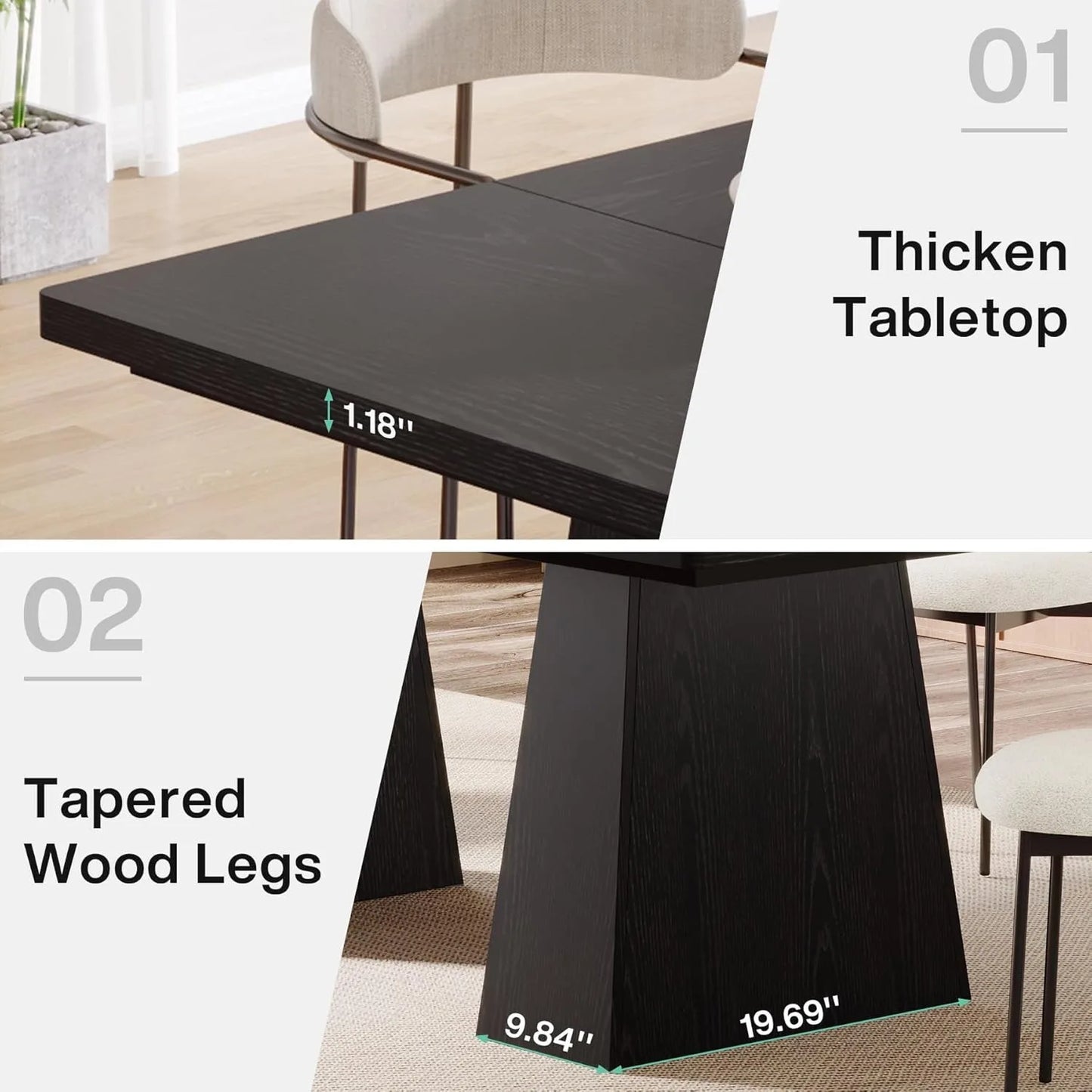 Little Tree Black Dining Table for 4 to 6 Modern Kitchen Table with Tapered Wood Legs for Dining Room and Living Room