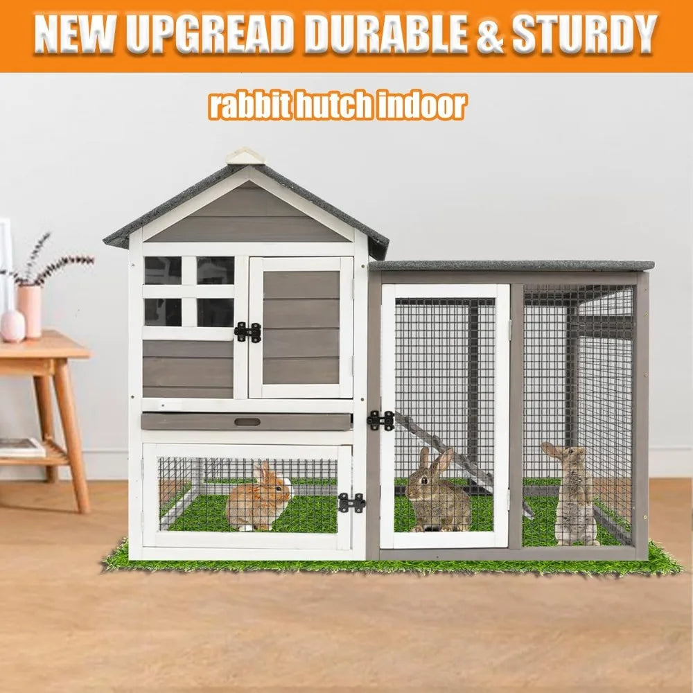 Rabbit Hutch Indoor Outdoor Rabbits Cages Large Fir Wood Bunny Hutch with Pull Out Tray Weather Resistant