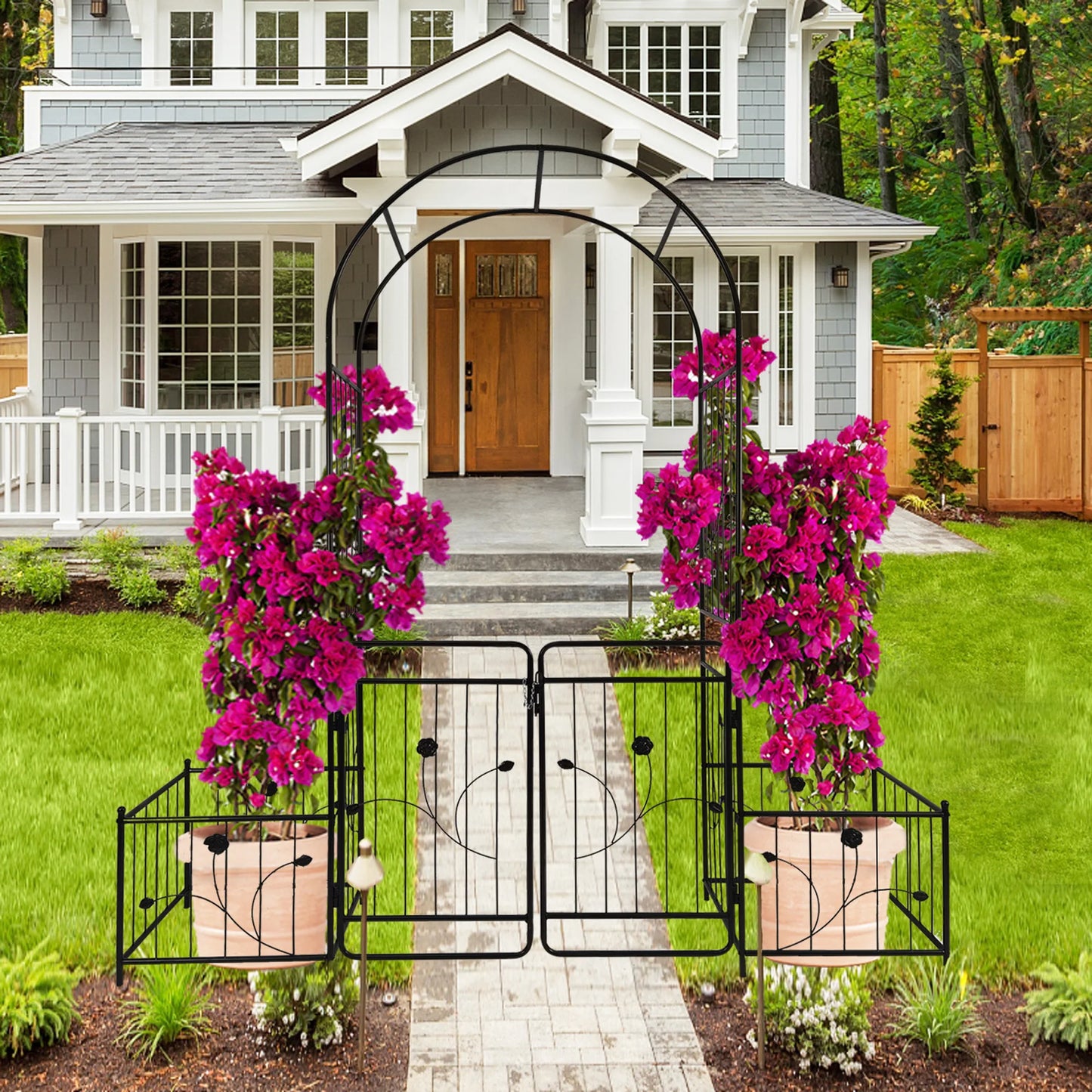 Metal Garden Arch with Gate 6.63 Feet Wide x 7.2 Feet High Climbing Plants Support Rose Arch Outdoor Black