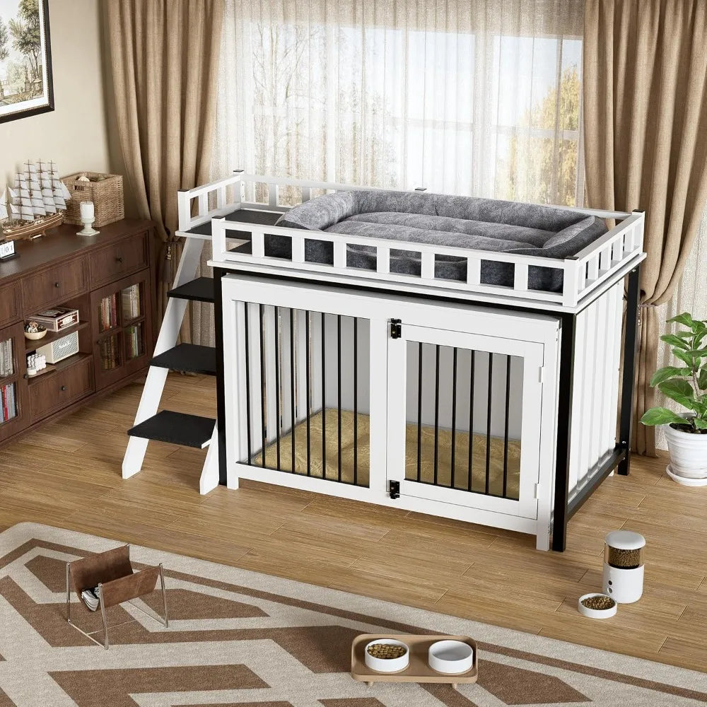 Loft Style Dog Crate Furniture with Double Doors Heavy Duty Dog Kennel Indoor for Medium and Large Dogs Wooden Pet House