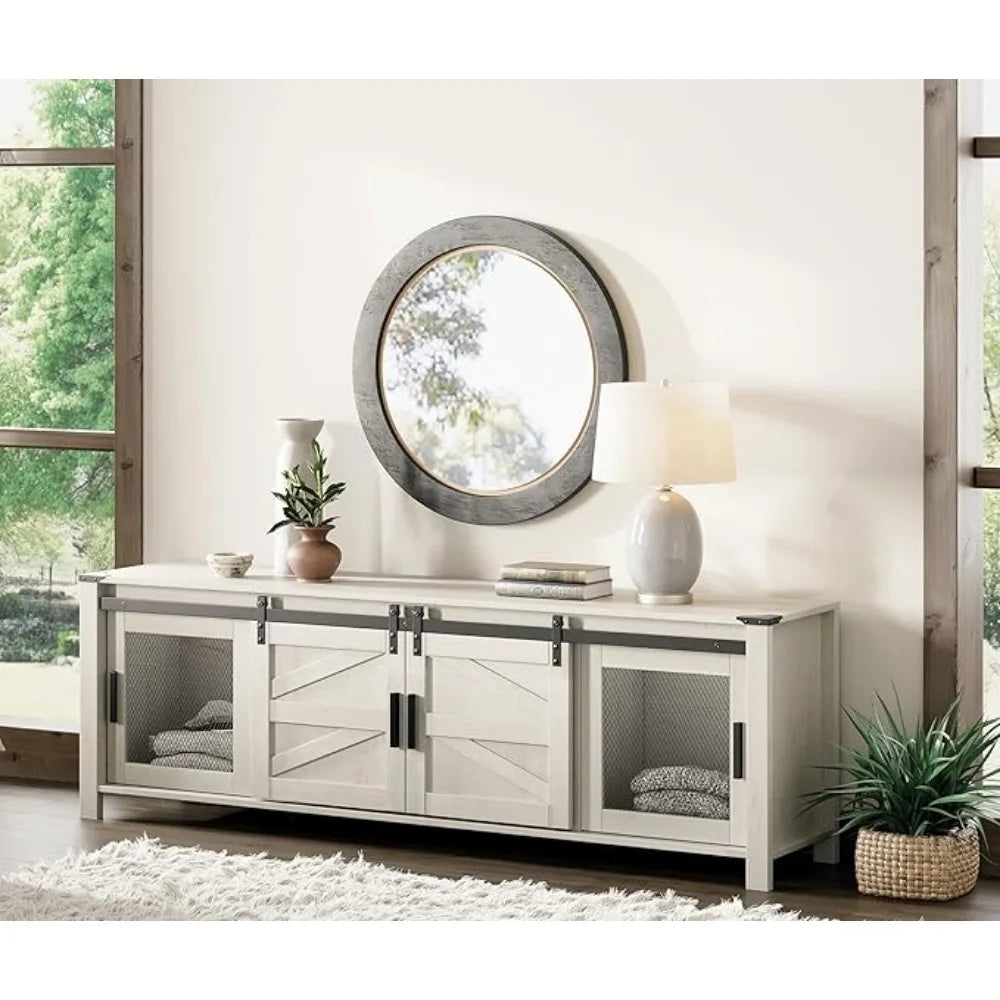 Farmhouse TV Stand for 75 inch TV, 70" Wood Sliding Barn Door Media TV Console Table with Storage Shelf, Entertainment Center