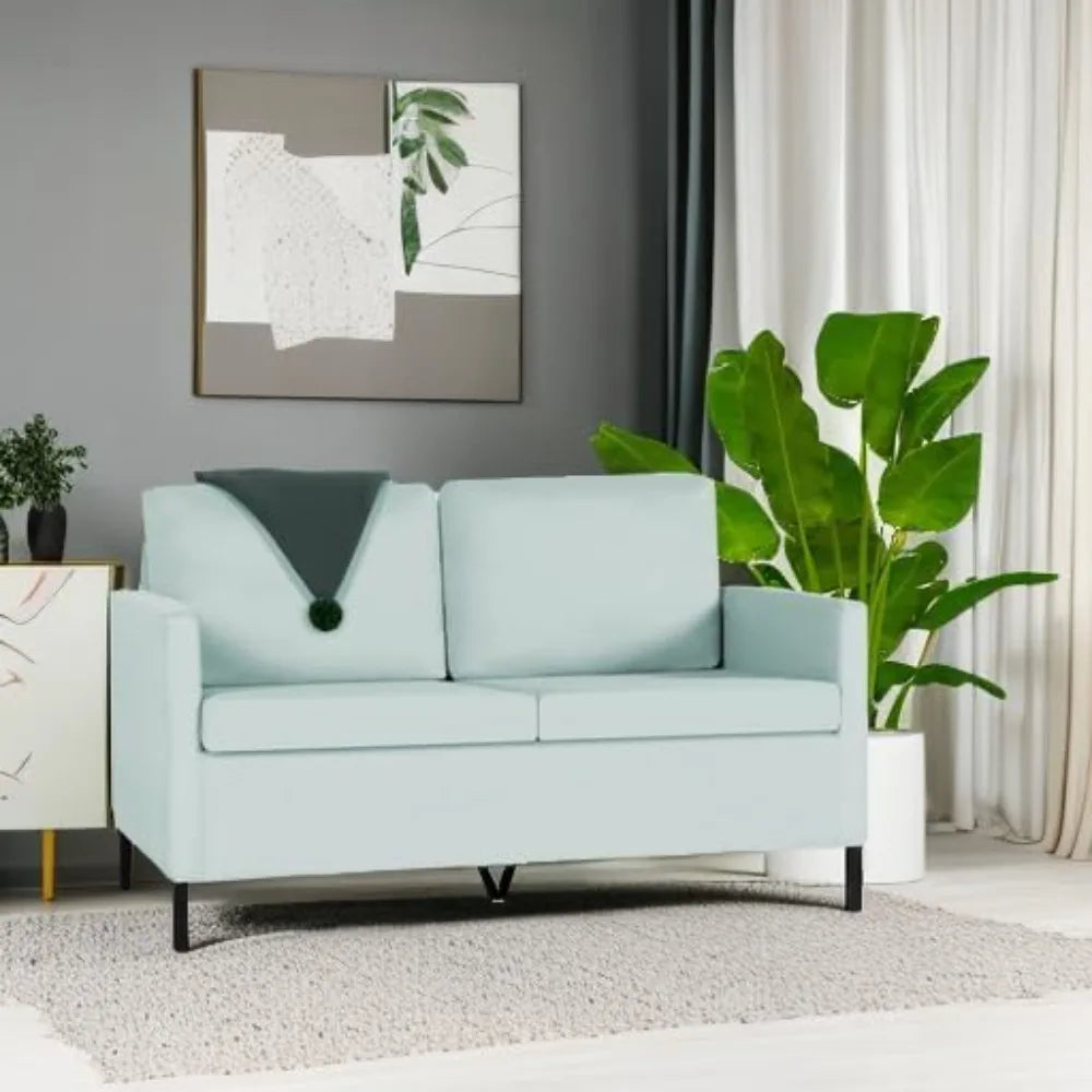 51 Inch W Linen Fabric Upholstered Modern Loveseat Sofa Couch for Living Room Aqua Blue 2 Seater Furniture with Iron Legs