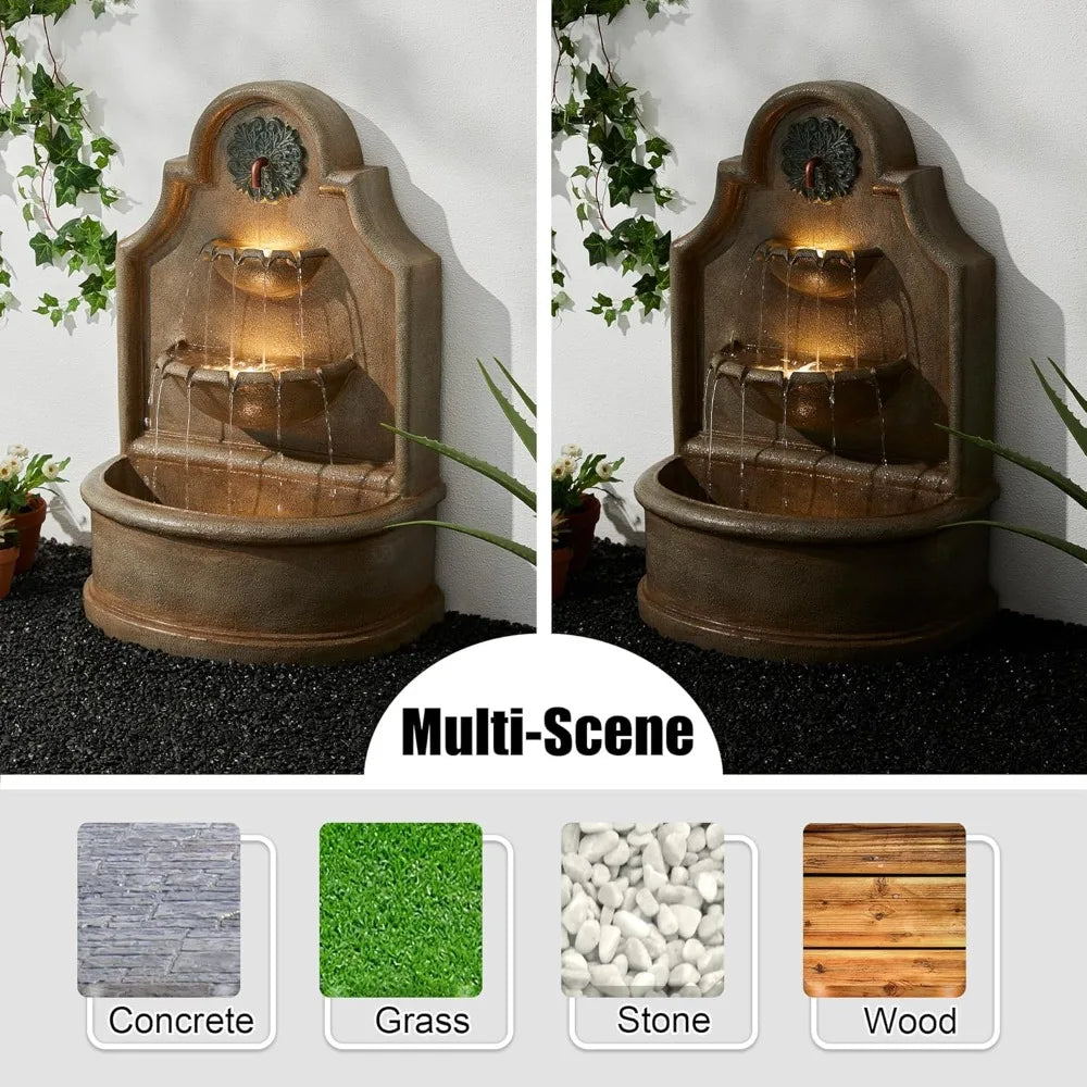 Outdoor Wall Mounted Water Fountain With LED Lights And Pump Oversized Antique European Style 3 Tier Polyresin Cascade