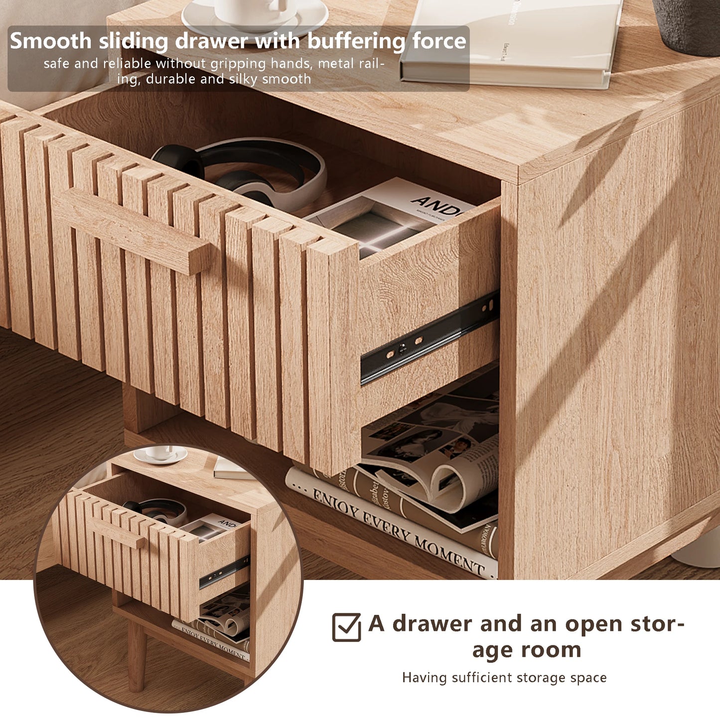 Bedside Table Set of 2, Bedside Table with 1 Open Shelf and 1 Drawer,Modern Bedside Table, 40x35x55cm, for Bedroom, Living Room