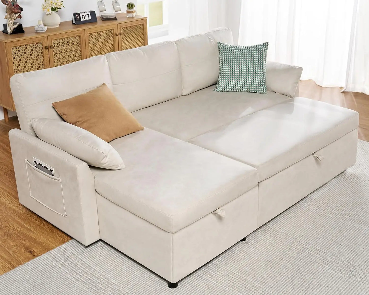 Sofa Bed, Sofa Sleeper with Chaise, Pull Out Couch for Living Room, Off-White Leathaire,