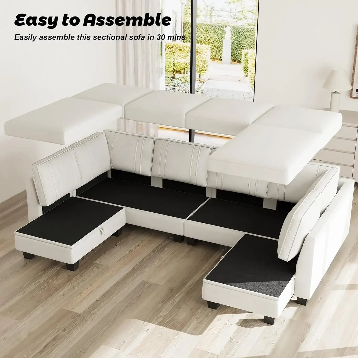 Sectional Couch with Storage Ottoman, U Shaped Sectional Sofa Couch, Convertible U-Shape Sectional Couch for Living Room, Beige