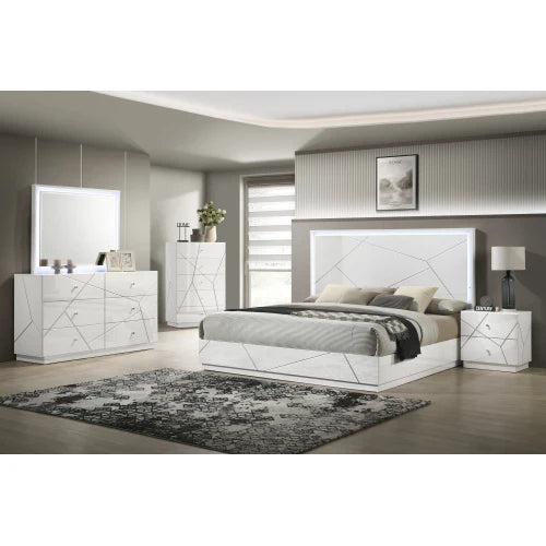 Queen 5 Piece Bedroom Set Modern Design Lacquer Finish Geometric Accents LED Lighting