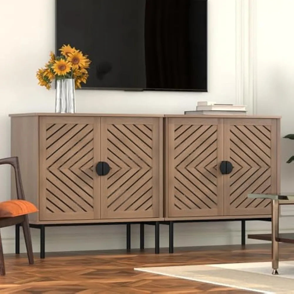 Accent Cabinet with 2 Hollow Doors Modern Buffet Cabinet with Adjustable Shelves and Metal Handle Decorative Credenza for Living Room