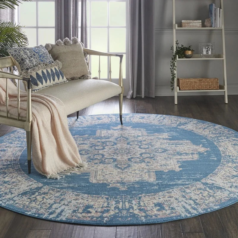 Grafix Round Area Rug 8ft Center Medallion Indoor Carpet Power Loomed Easy Care Low Pile Living Room Bedroom Office