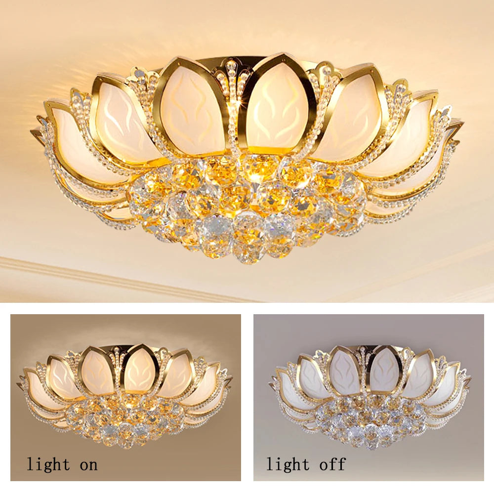 Modern Crystal Chandelier Dimmable Luxury Flush Mount LED Ceiling Lamp Lotus Flower Shape Pendant Lighting Fixture 110V Gold