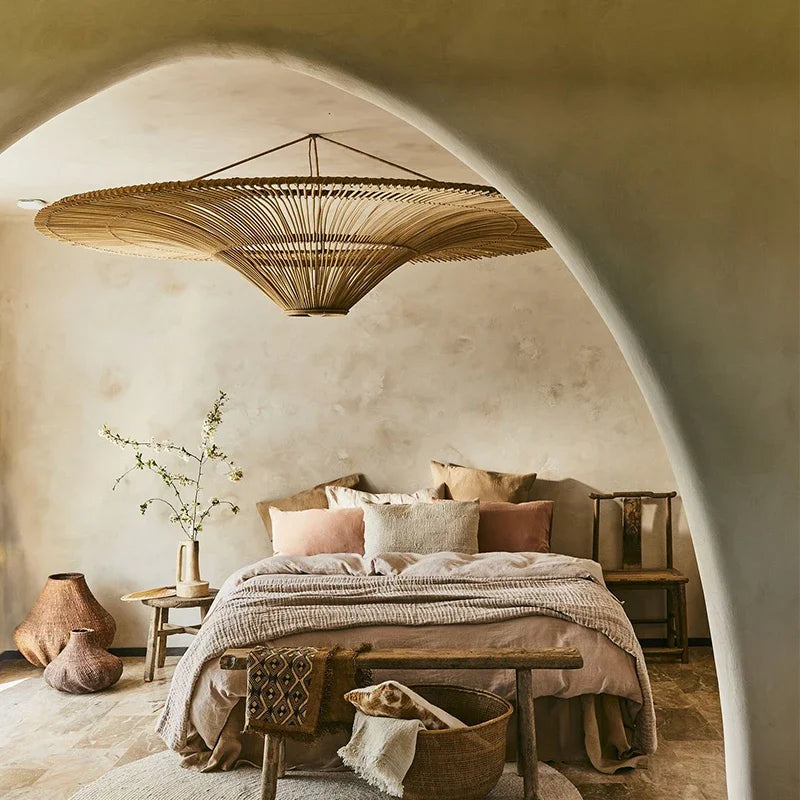 Vintage LED Pendant Light Nordic Umbrella Handmade Rattan Lamp for Living Room Bedroom Dining Room Table