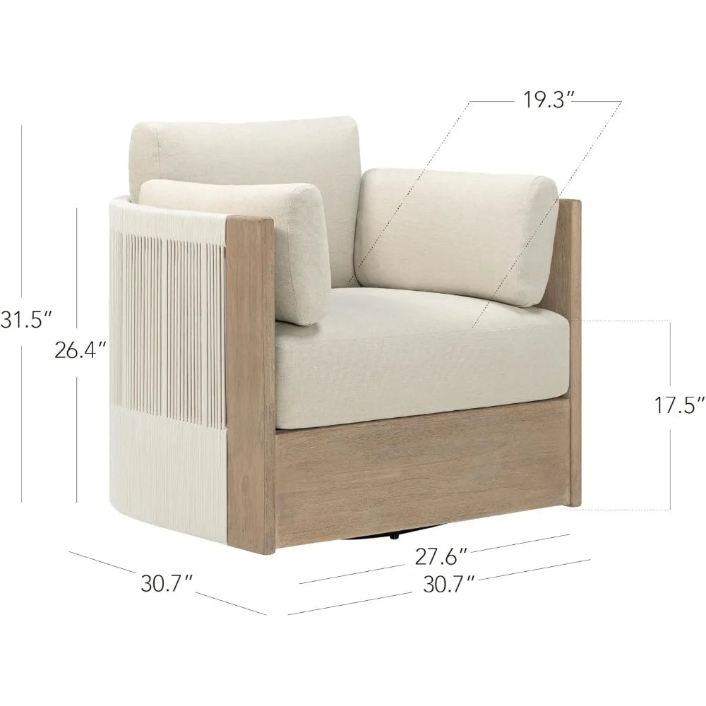 Boho Patio Rattan 360 Degree Swivel Chair Outdoor Wicker Furniture with Thickened Cushions and Arm Pillows Acacia Wood Frame