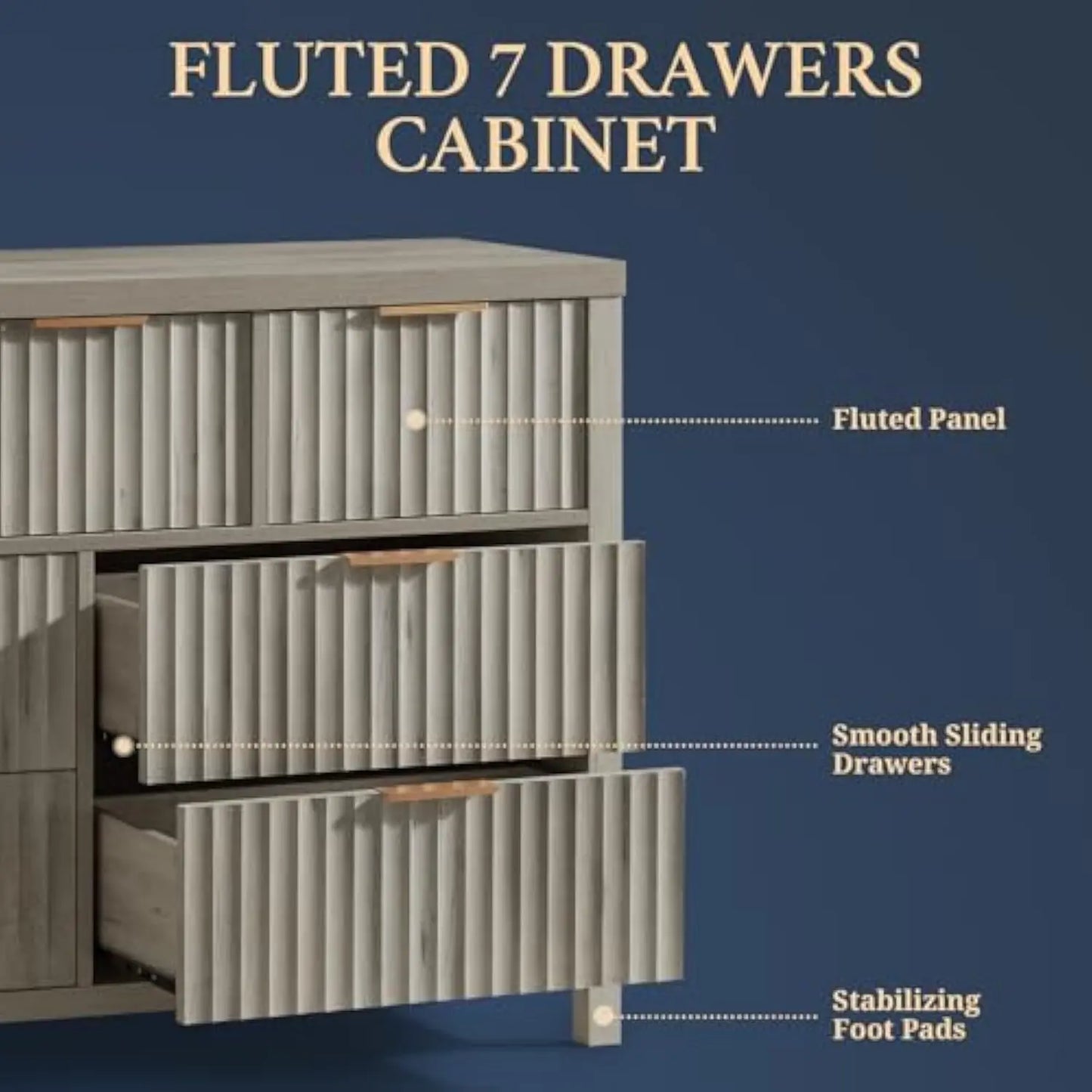 3 Pieces Fluted 7 Drawer Dresser and Nightstand Set with Charging Station Modern Bedroom Furniture Set