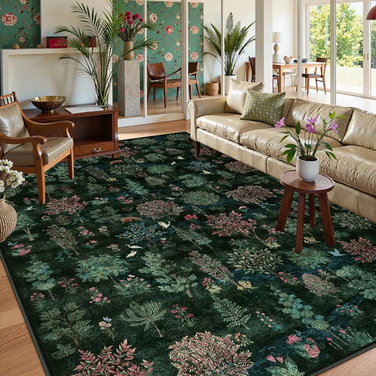 Forest Print Washable 8x10 Area Rugs Dark Green Non Slip Ultra Thin Soft Boho Floral Carpet for Living Room