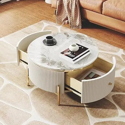 31.5 Inch Round Coffee Table with 2 Large Drawers Modern Marble Pattern and Golden Legs for Elegant Living Room