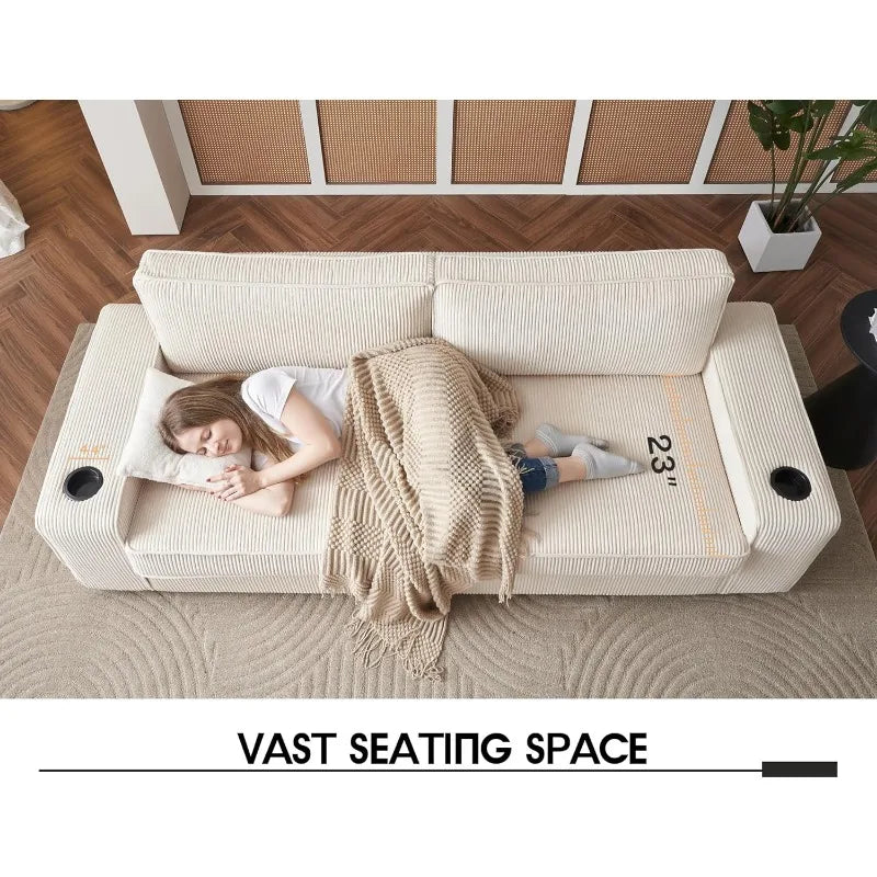 Sofa, 89 Inch Modern Sofa with USB Charging Ports & Cup Holders, Deep Seat Sofa Couch- Comfy Couch for Living Room