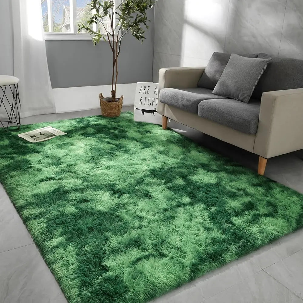 9X12 Large Area Rugs For Living Room, Super Soft Fluffy Modern Bedroom Rug, Tie-Dyed Green Indoor Shag Fuzzy Carpets For Girls