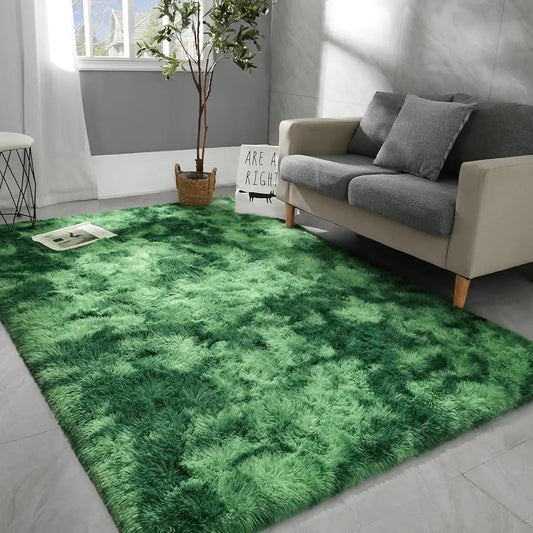 9X12 Large Area Rugs For Living Room, Super Soft Fluffy Modern Bedroom Rug, Tie-Dyed Green Indoor Shag Fuzzy Carpets For Girls