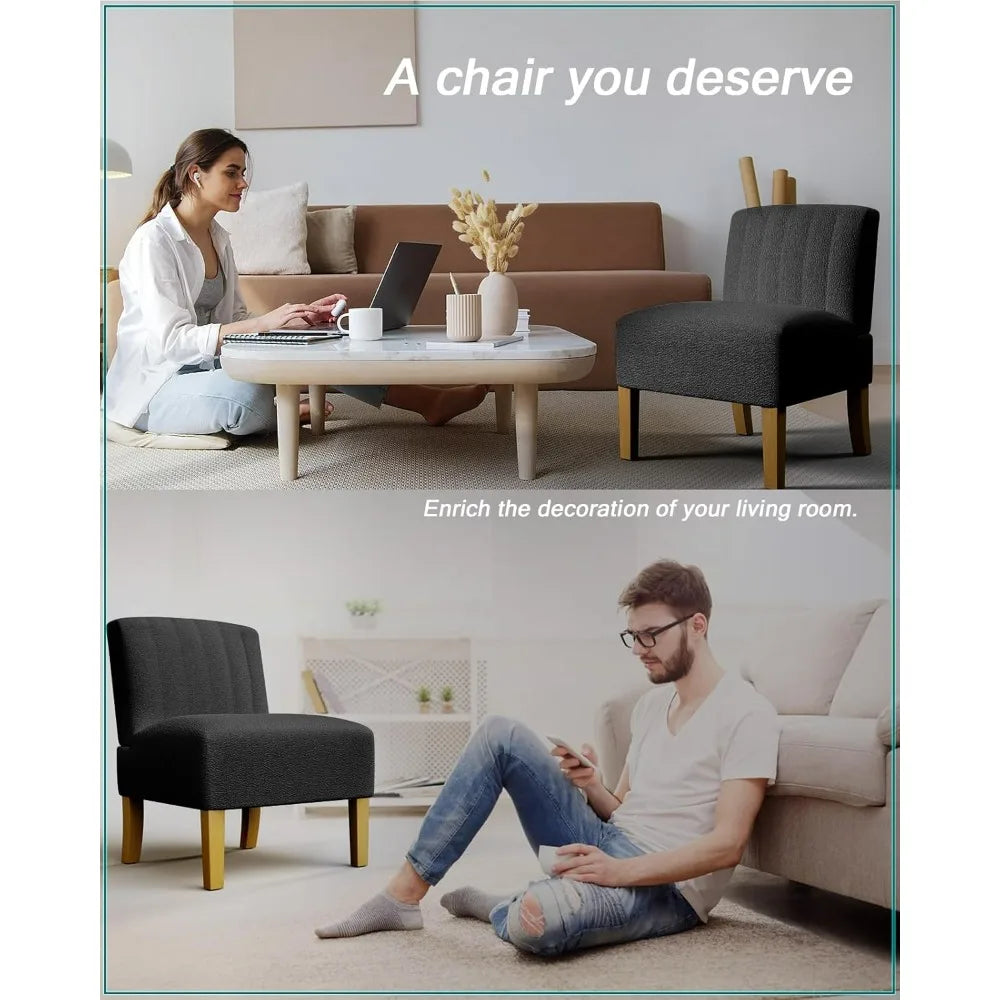 Accent Chairs Set of 2 - Modern Slipper Chairs for Living Room, Solid Wood Legs, Comfy Upholstered Fabric in Black