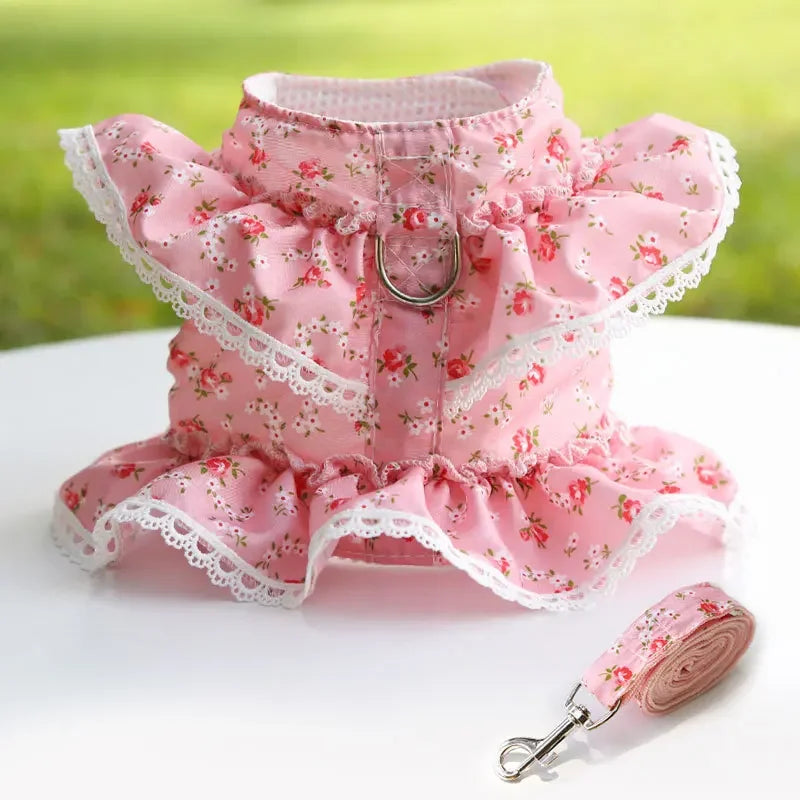 Adjustable Lace Floral Dog Cat Harness Leash Set Mesh Vest