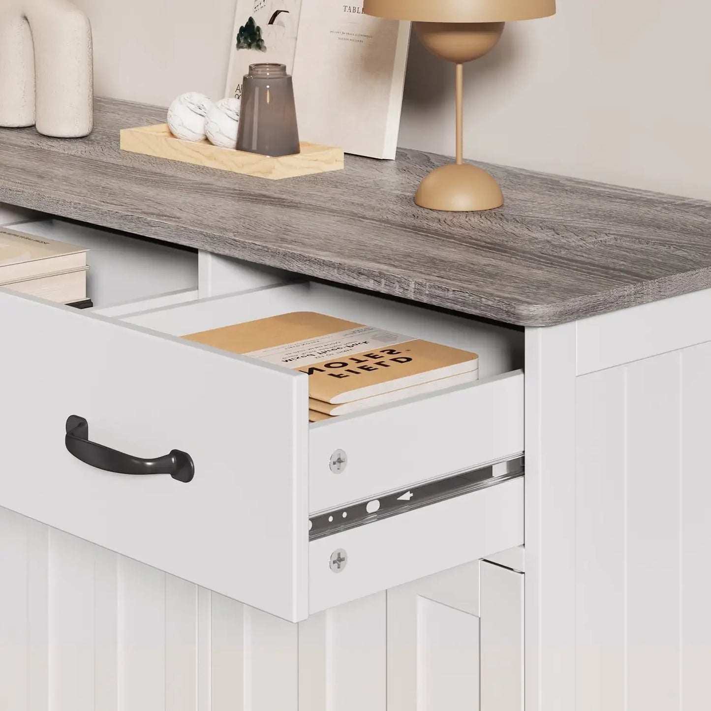 42 Inch Kitchen Storage Cabinet Wood Buffet Sideboard with 3 Doors and 3 Drawers Gray Countertop