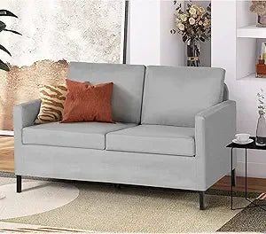 51 Inch W Linen Fabric Upholstered Modern Loveseat Sofa Couch for Living Room Aqua Blue 2 Seater Furniture with Iron Legs