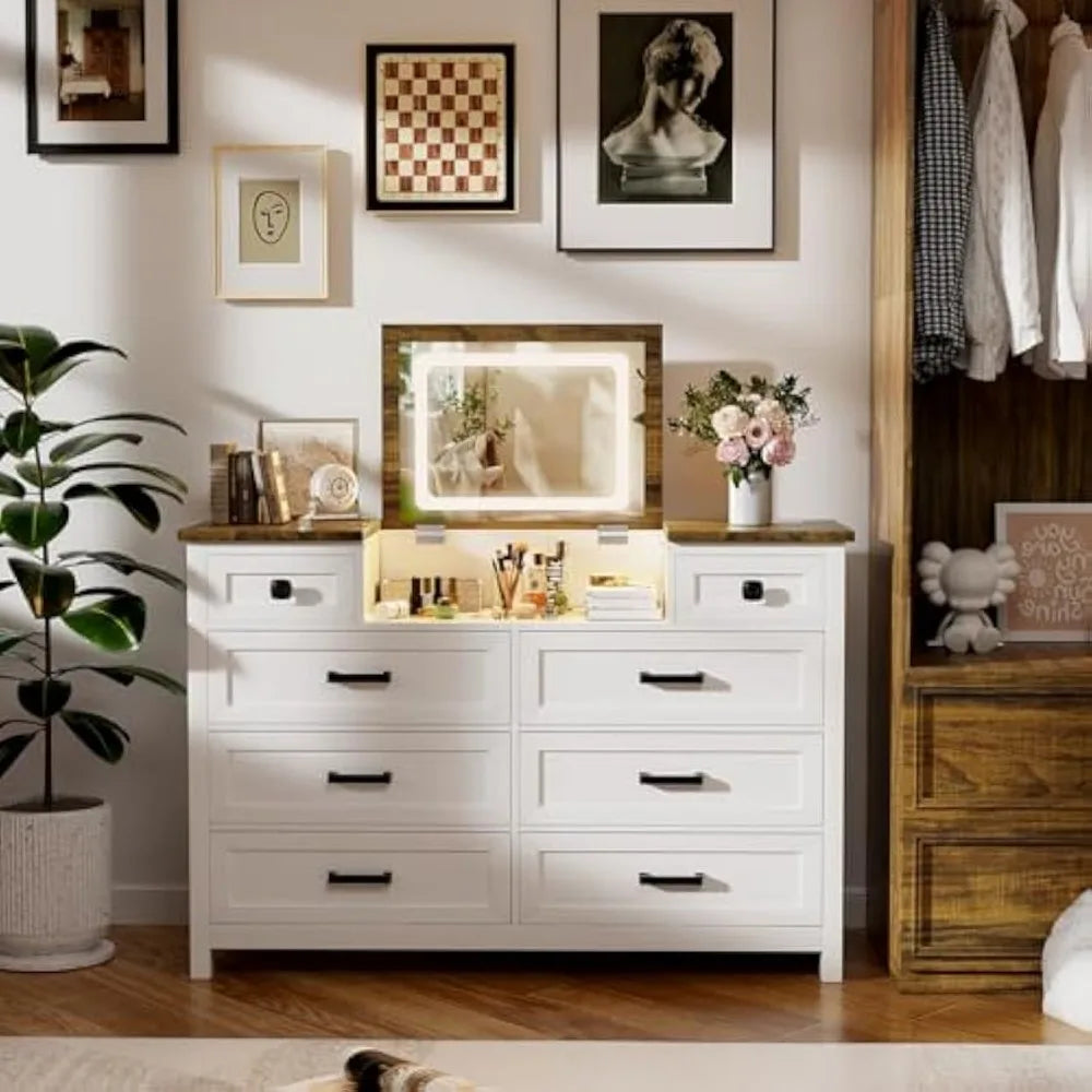 Chest of Drawers for Bedroom 8 Drawer Dresser with Mirror and Charging Station White Farmhouse Makeup Vanity for Kids Room