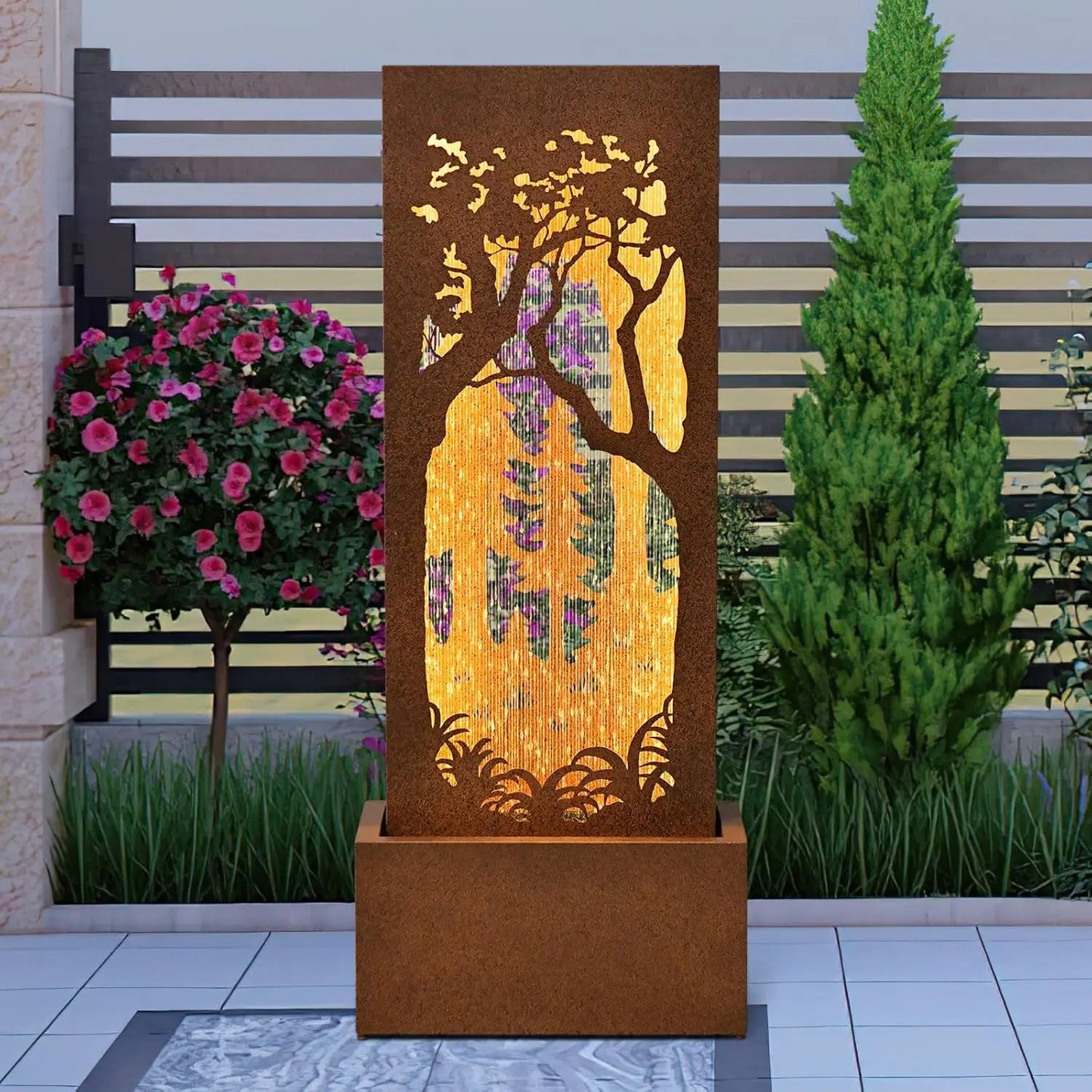 50 Inch High Outdoor Indoor Tall Waterfall Fountain with LED Lights Large Modern Cascading Bowl Fountain for Garden and Patio