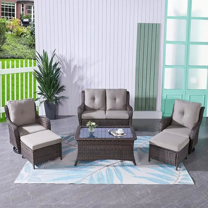 QWHumnuh 6 Pieces Outdoor Furniture Set PE Wicker Sofa with Swivel Rocking Chairs Ottomans and Coffee Table