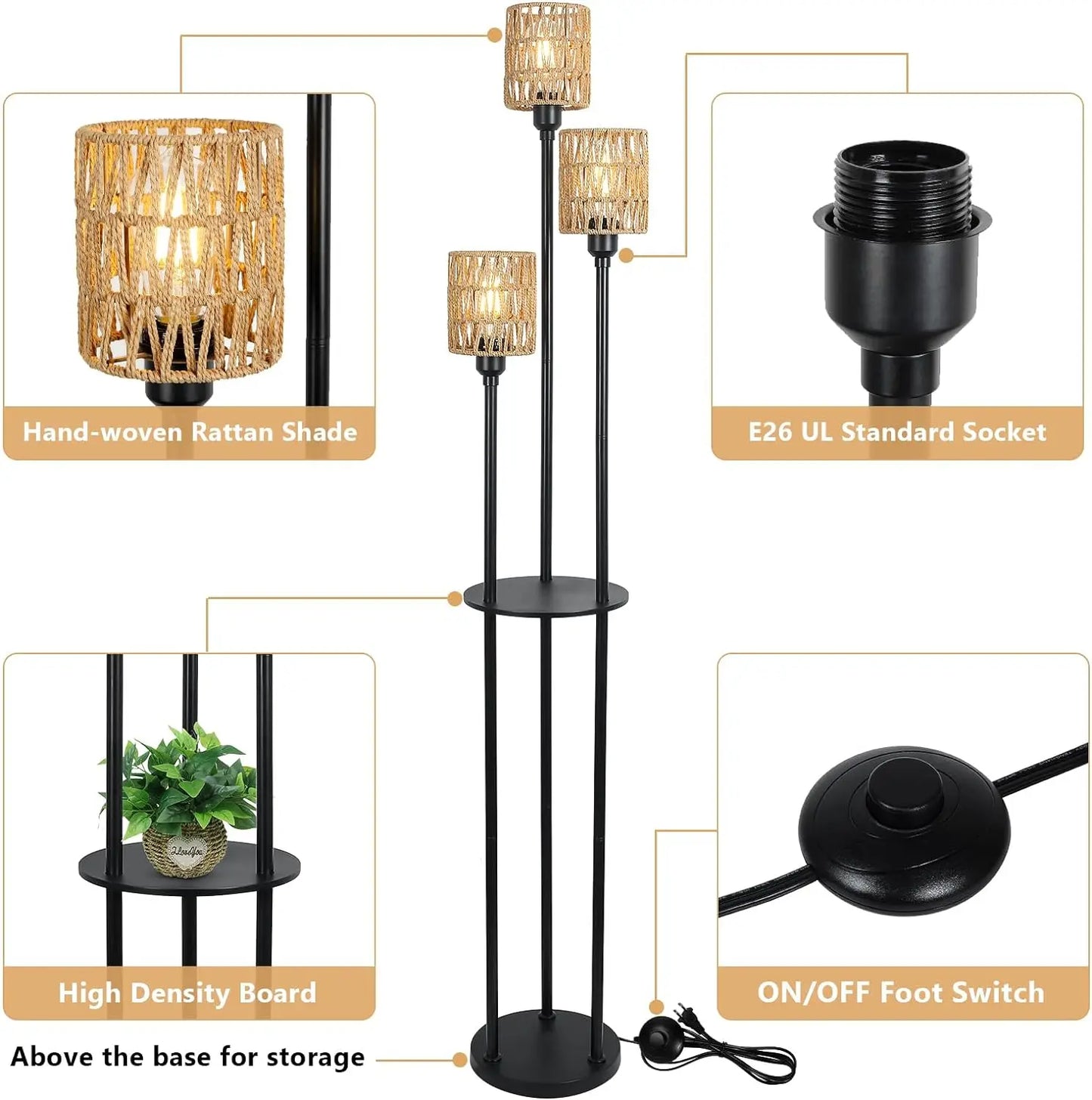Bohemian style floor lamp with shelf, farmhouse rustic rattan standing lamp, suitable for living room, bedroom, office.