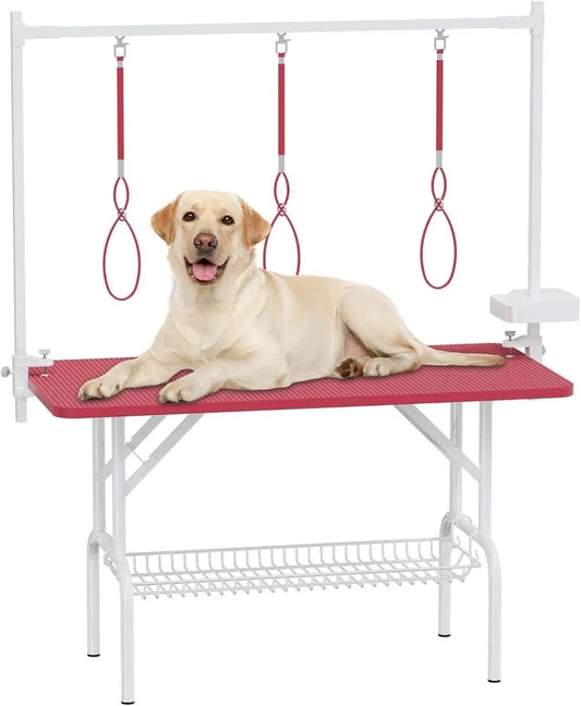 47 Inch Large Dog Grooming Table Foldable Pet Station Pink Grooming Table for Dogs Adjustable Cat Drying Desktop with Arms
