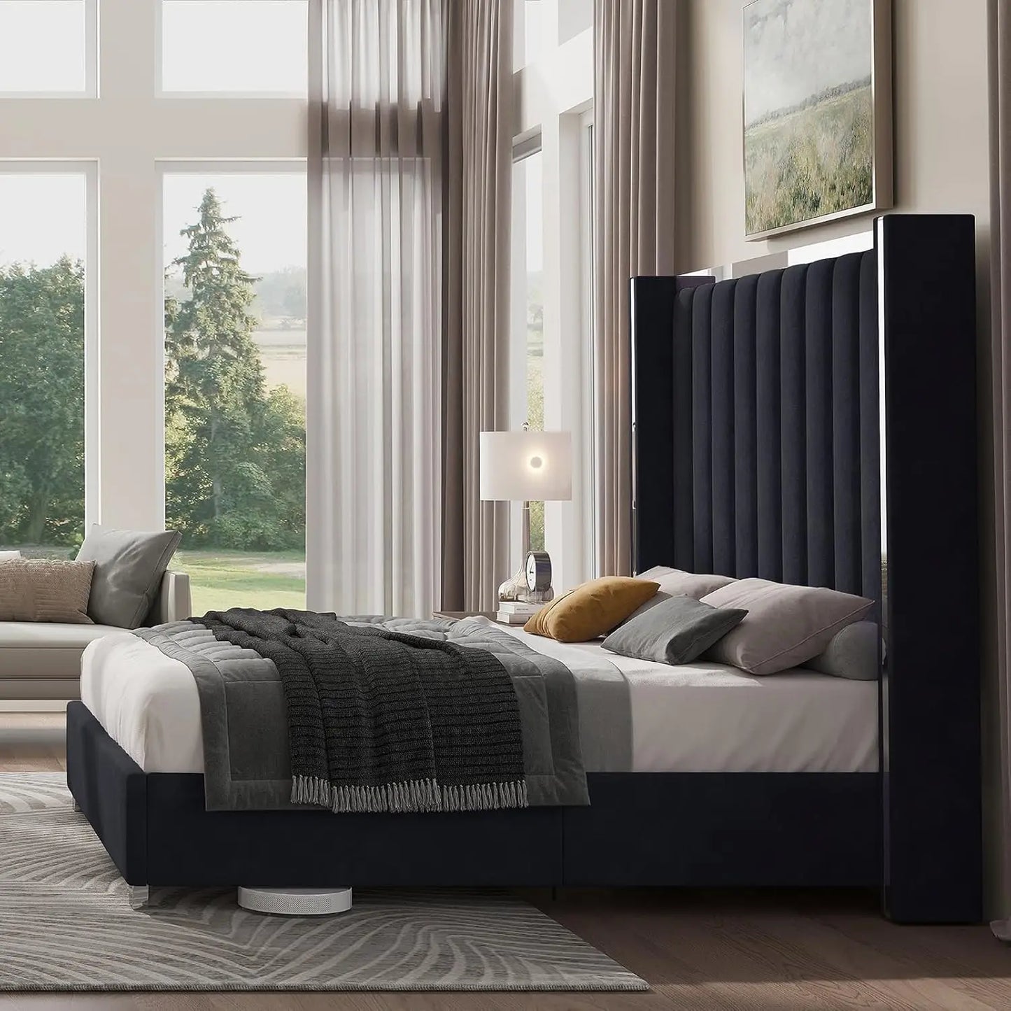 Jocisland Queen Size Bed Frame with 58" Tall Headboard, Velvet Upholstered Platform Bed with Channel Tufted Wingback Headboard