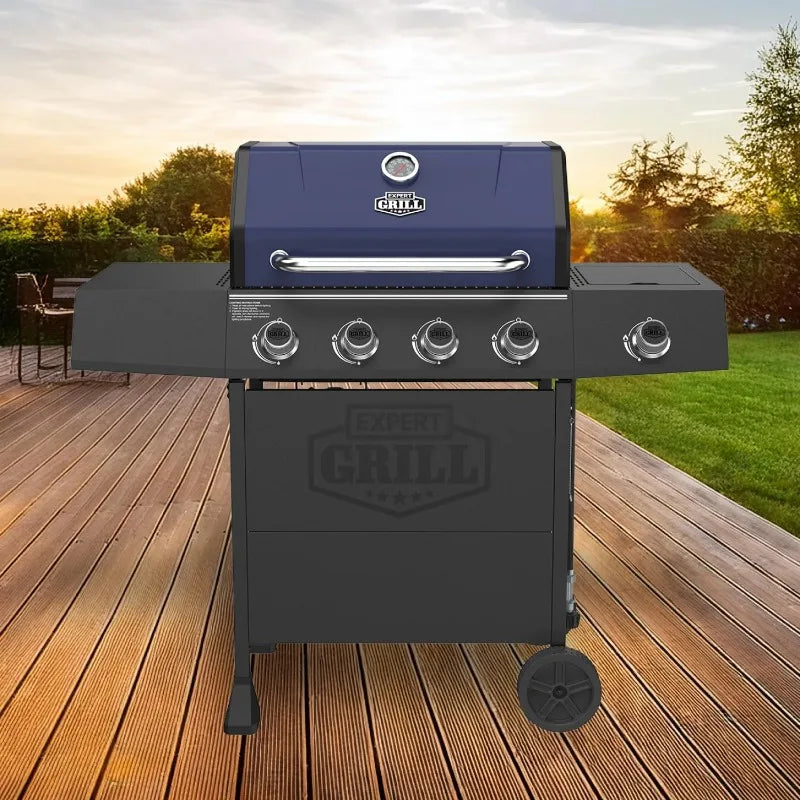 Expert Grill 4 Burner Propane Gas Grill with Side Burner in Blue for Outdoor Cooking and BBQ