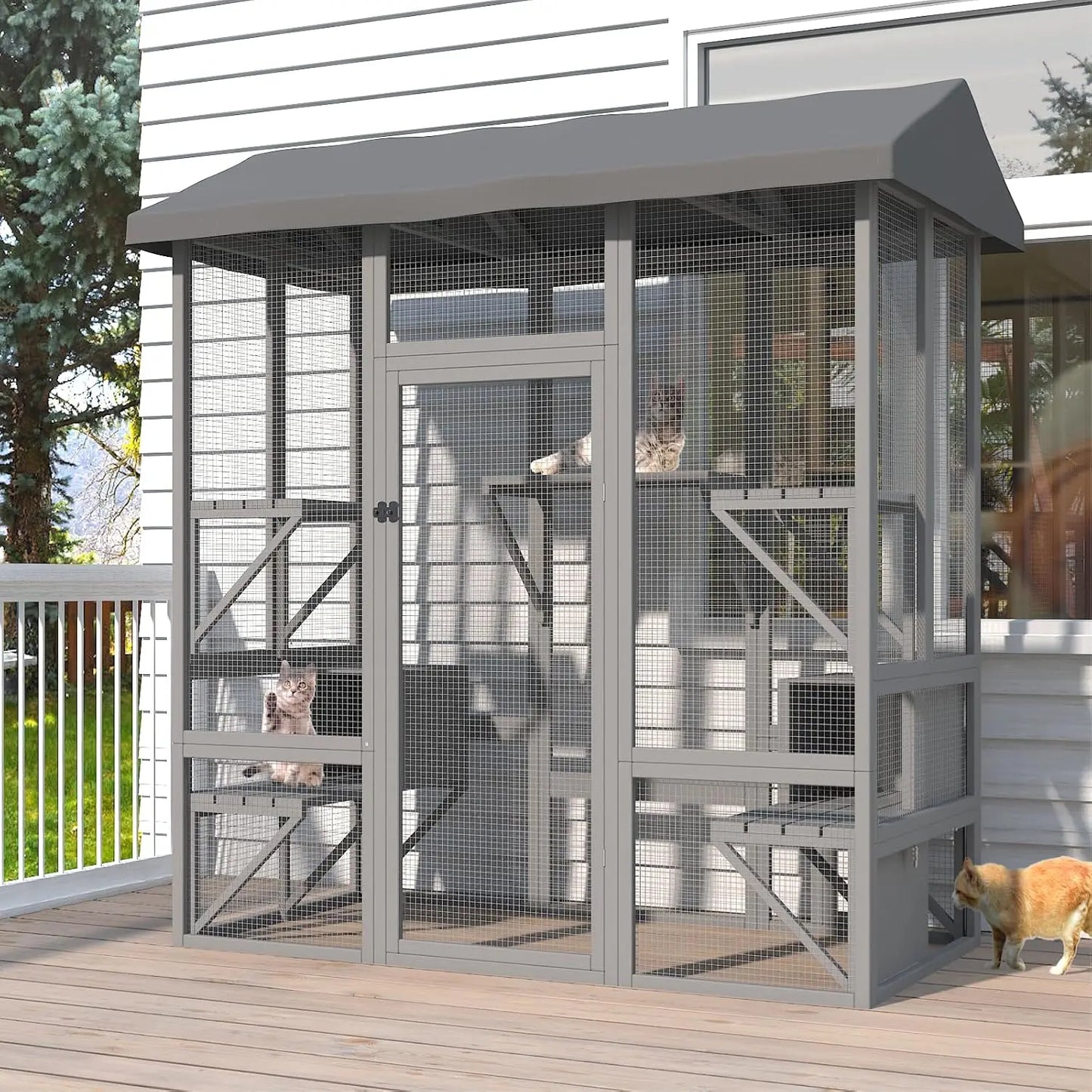 Catio Outdoor Cat Enclosure Large Cat House for Multiple Cats Walk In Cat Cage with Waterproof Cover and Sunshine Panel Roof Feral Cat Shelter with 7 Platforms and 2 Resting Boxes 72 Inch