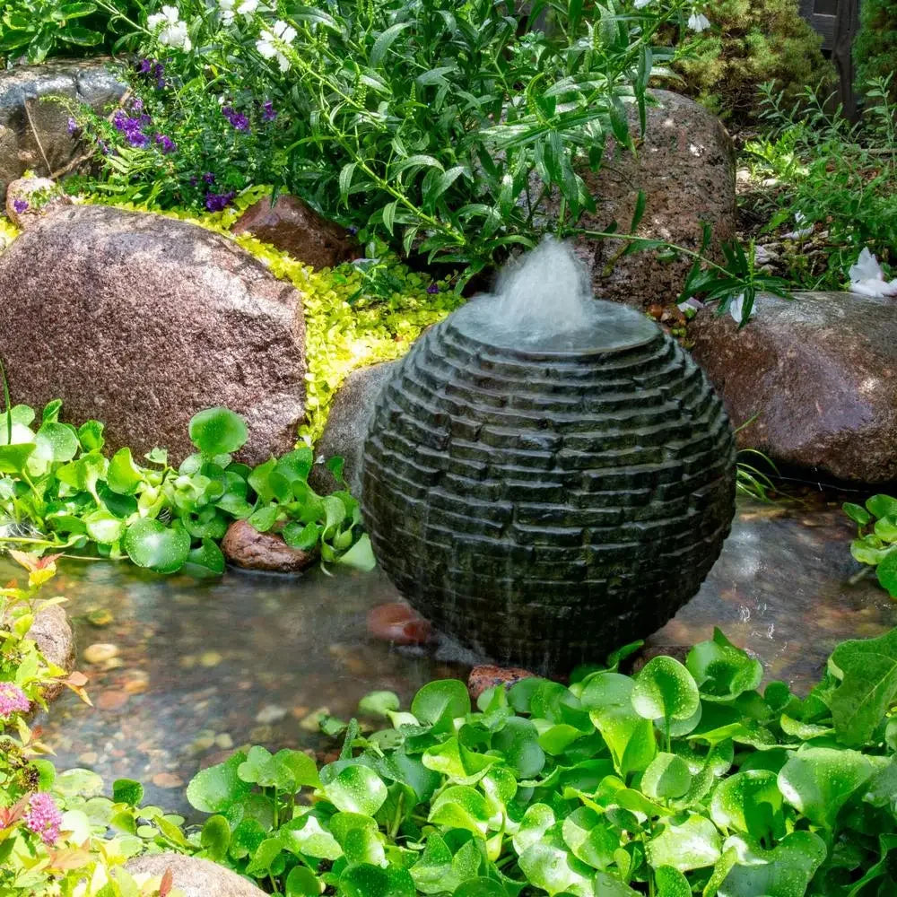 Stacked Sphere Outdoor Fountain Water Feature Garden Installation Lightweight Composite Realistic Look Fire Element Add On Kit